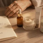 Soins visage peau mature : sérum vitamine C, rétinol et SPF 50+ sur table bois