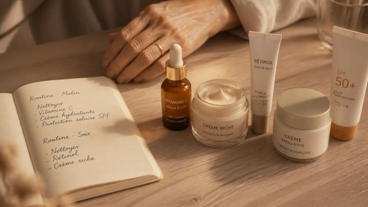 Soins visage peau mature : sérum vitamine C, rétinol et SPF 50+ sur table bois