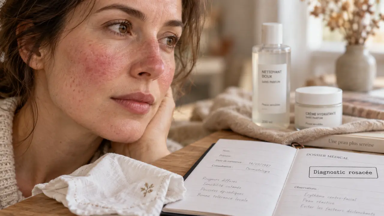 Cause rougeur visage : diagnostic rosacée sur mouchoir médical