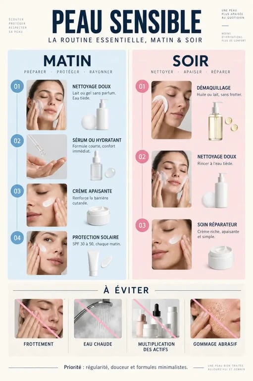 Infographie de routine beauté peau sensible avec ordre des soins matin et soir