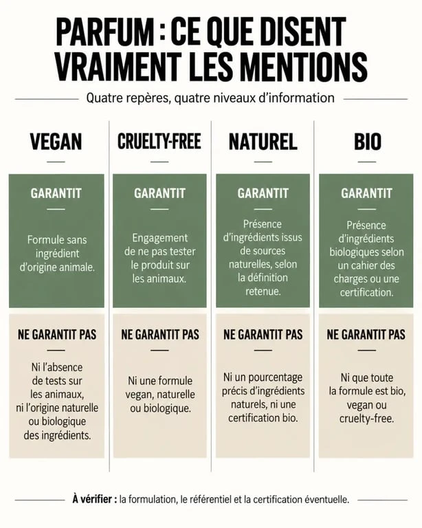 Infographie parfum vegan ingredients : différences entre vegan, cruelty-free, naturel et bio