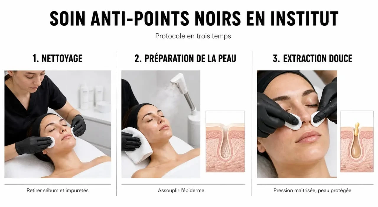 Soin visage point noir institut : déroulé du nettoyage à l’extraction des comédons