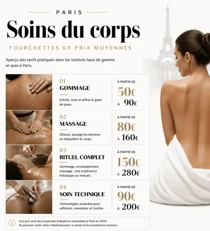 Infographie des prix moyens pour un soin corps en institut à Paris