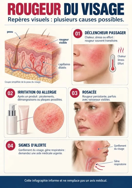 Infographie sur les cause rougeur visage et les signes permettant de distinguer une rougeur passagère, une irritation, une rosacée ou une urgence