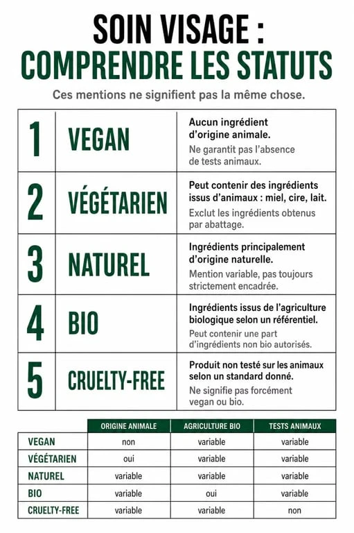Soin visage vegan : comparaison des statuts vegan, végétarien, naturel, bio et cruelty-free
