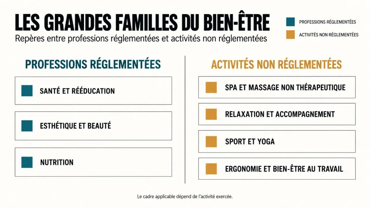 Infographie des familles du métier du bien-être et de la distinction entre professions réglementées et activités non réglementées