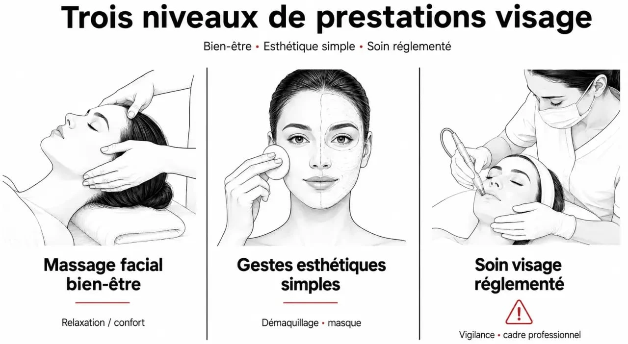 Formation soin visage sans CAP : comparaison visuelle entre massage bien-être, gestes esthétiques simples et soins réglementés