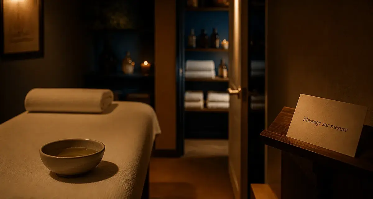 Massage soin du corps Paris en institut de bien-être, table et huiles essentielles