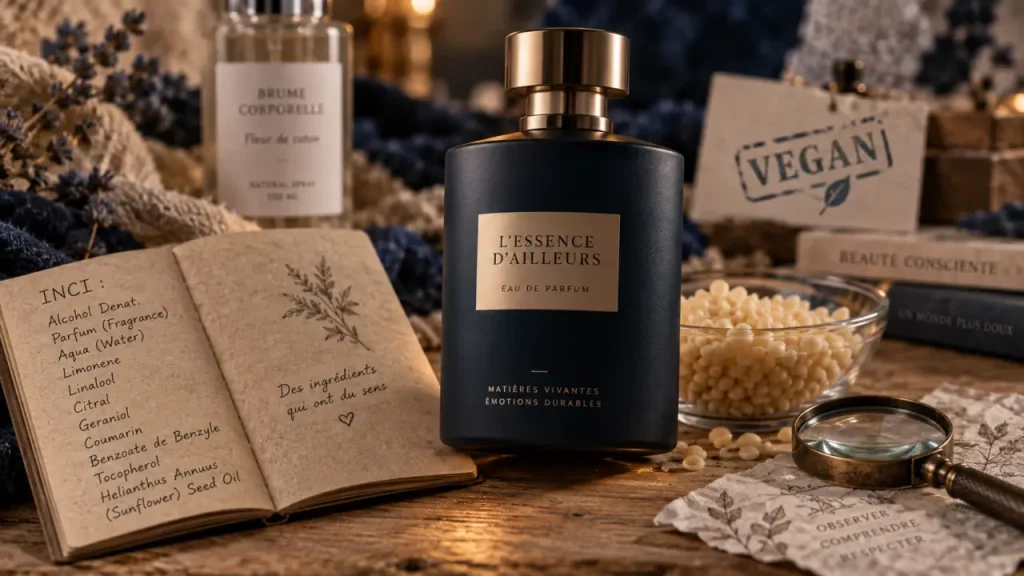 Parfum vegan ingredients : contrôles ingrédients avec loupe et INCI
