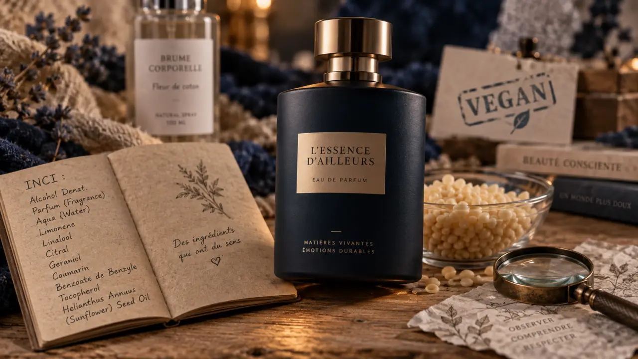 Parfum vegan ingredients : contrôles ingrédients avec loupe et INCI