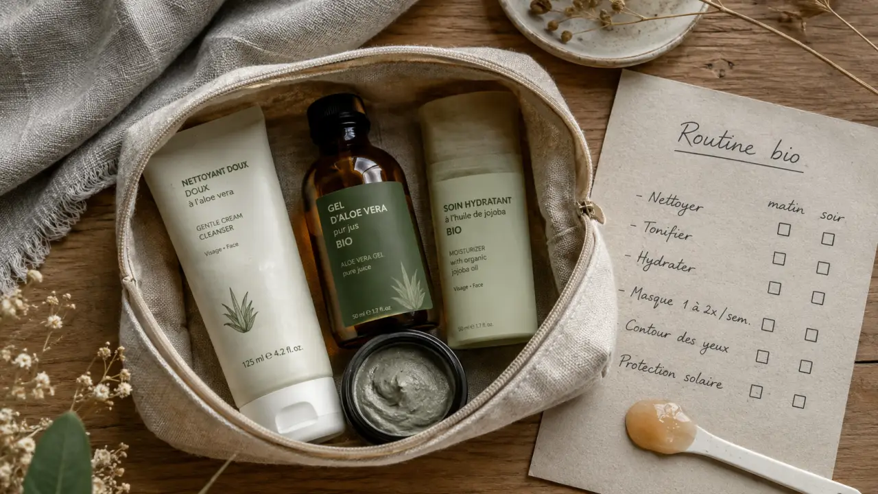 Routine beauté bio : produits bio visage matin et soir sur plan bois