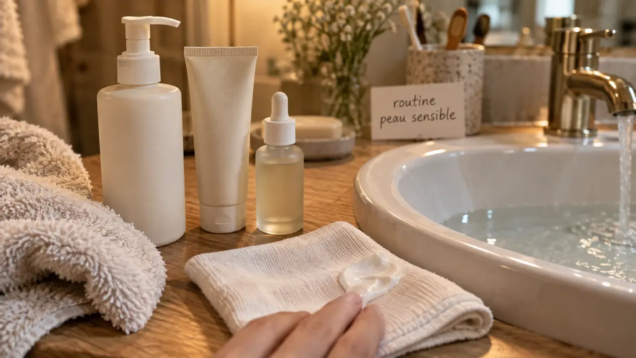 Routine beauté peau sensible : crème hydratante apaisante sur peau rougeurs