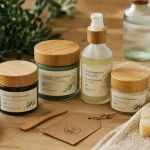 Soin corps bio : pots et flacon sur table bois, hydratation et apaisement