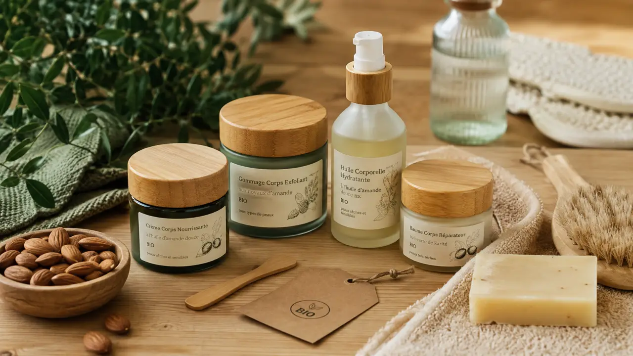 Soin corps bio : pots et flacon sur table bois, hydratation et apaisement