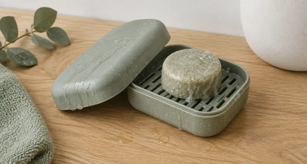 Boite shampoing solide avec couvercle hermétique : pain de shampoing sur égouttoir