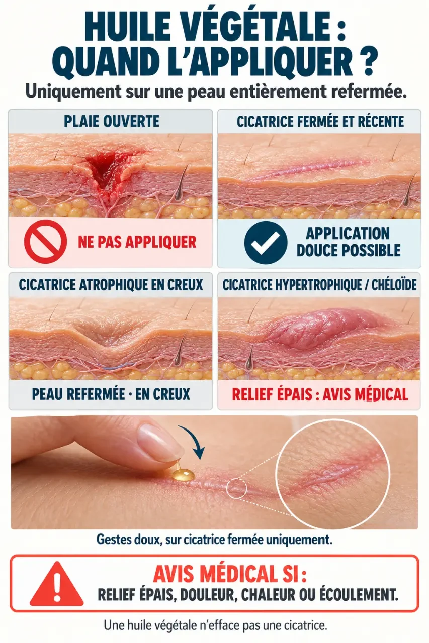 Huile végétale cicatrisante : schéma des situations où l’appliquer ou demander un avis médical