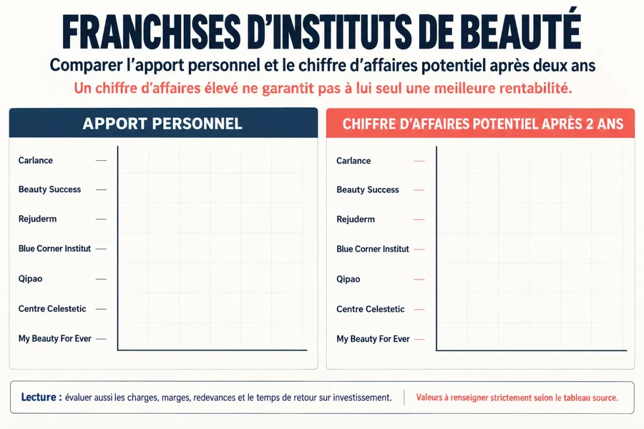 Infographie comparative sur la franchise institut de beauté, l'apport personnel et le chiffre d'affaires potentiel