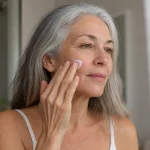 Femme de soixante ans appliquant une crème solaire sur la joue
