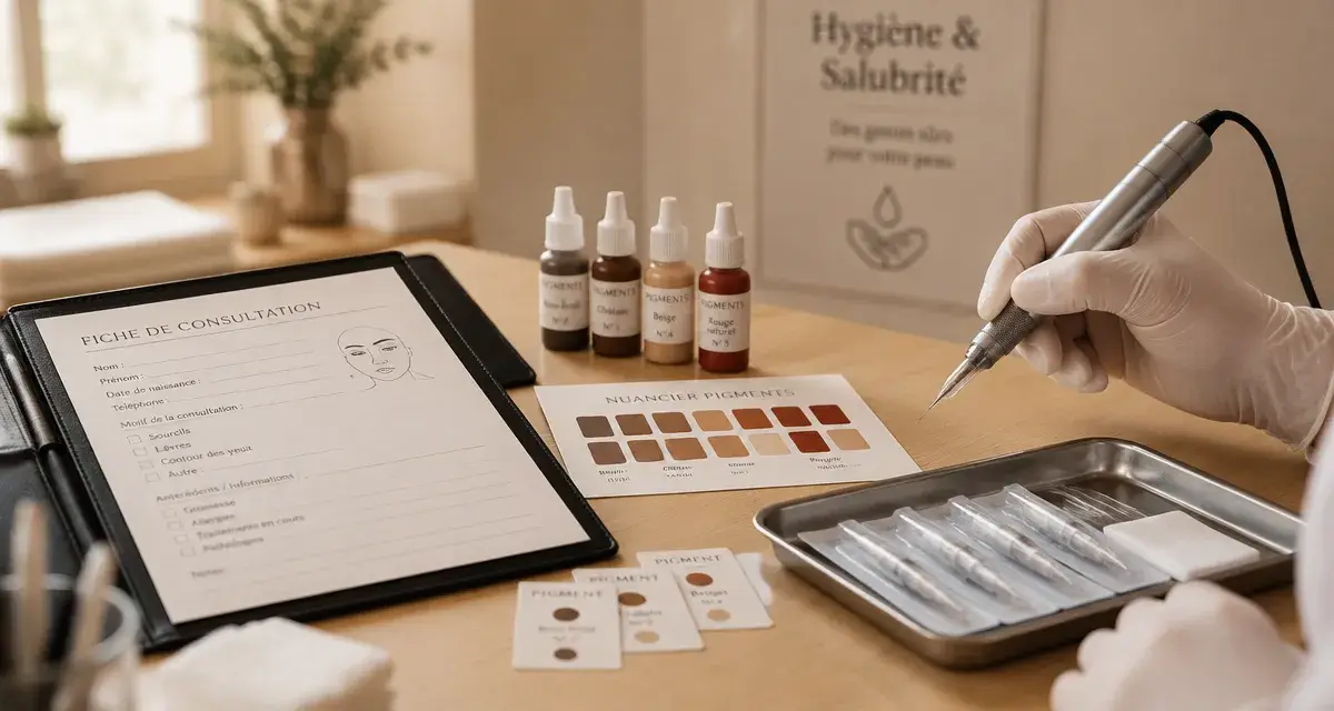 formation maquillage permanent rouen : matériel d’hygiène, dermographe et pigments en cours