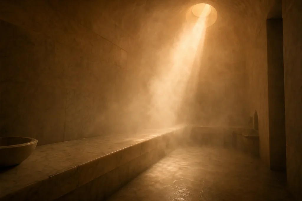 Hammam vide avec vapeur et lumière ambrée