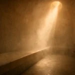 Hammam vide avec vapeur et lumière ambrée