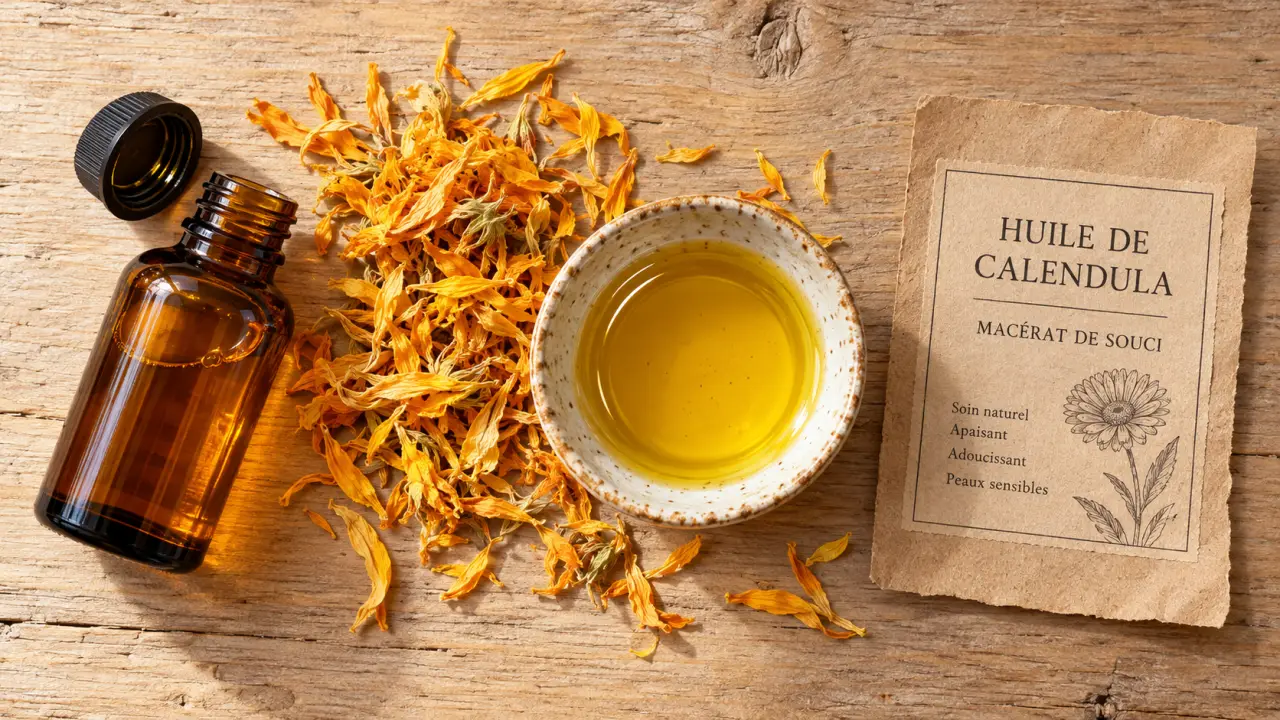 Photo huile végétale calendula : huile support ambrée et pétales de souci