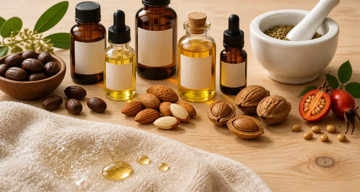 Huile végétale liste : huiles cosmétiques sur table