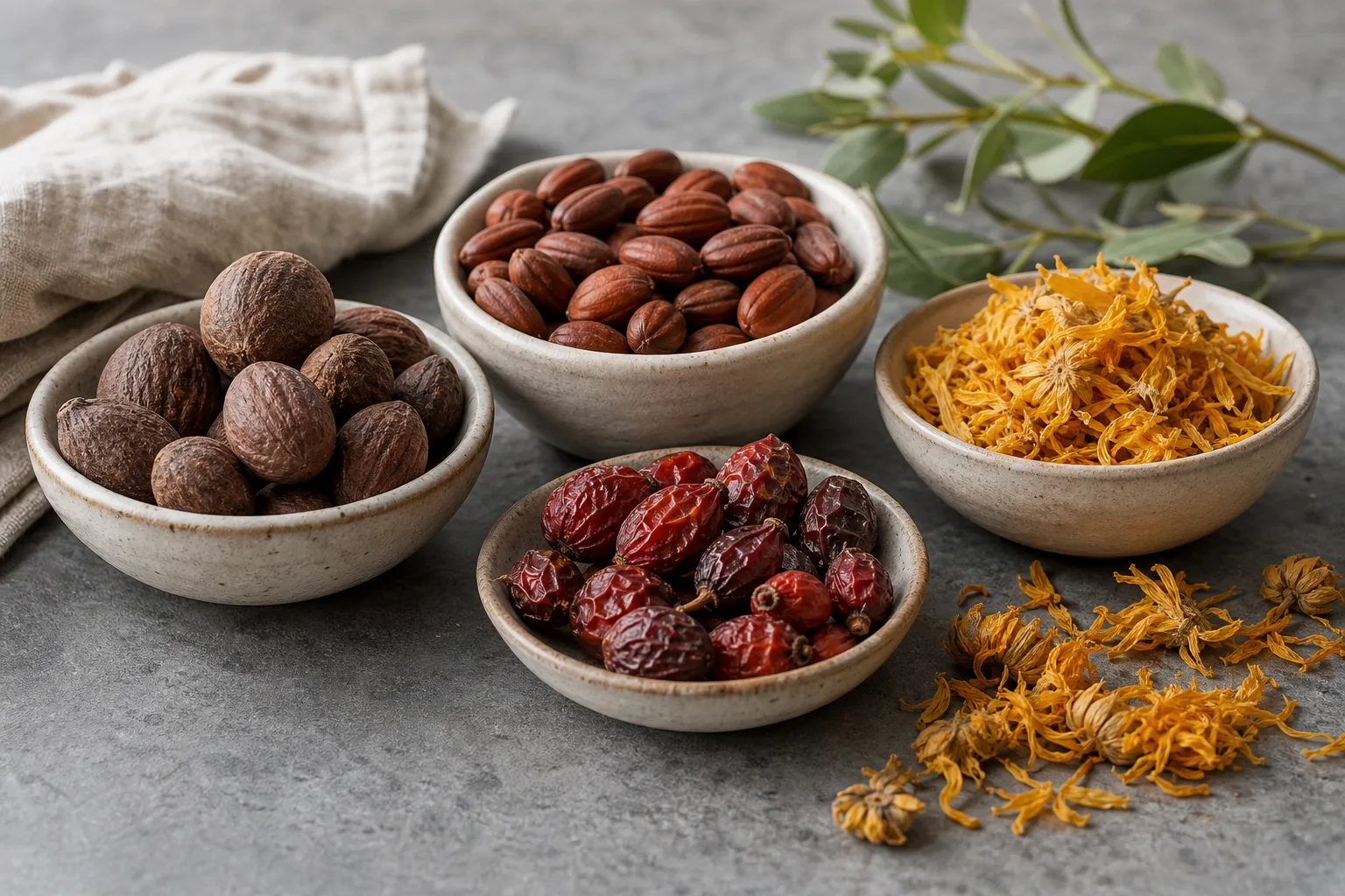 Ingrédients végétaux bruts : karité, jojoba, églantier, calendula