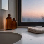 Lavabo au petit matin avec flacons en verre ambré