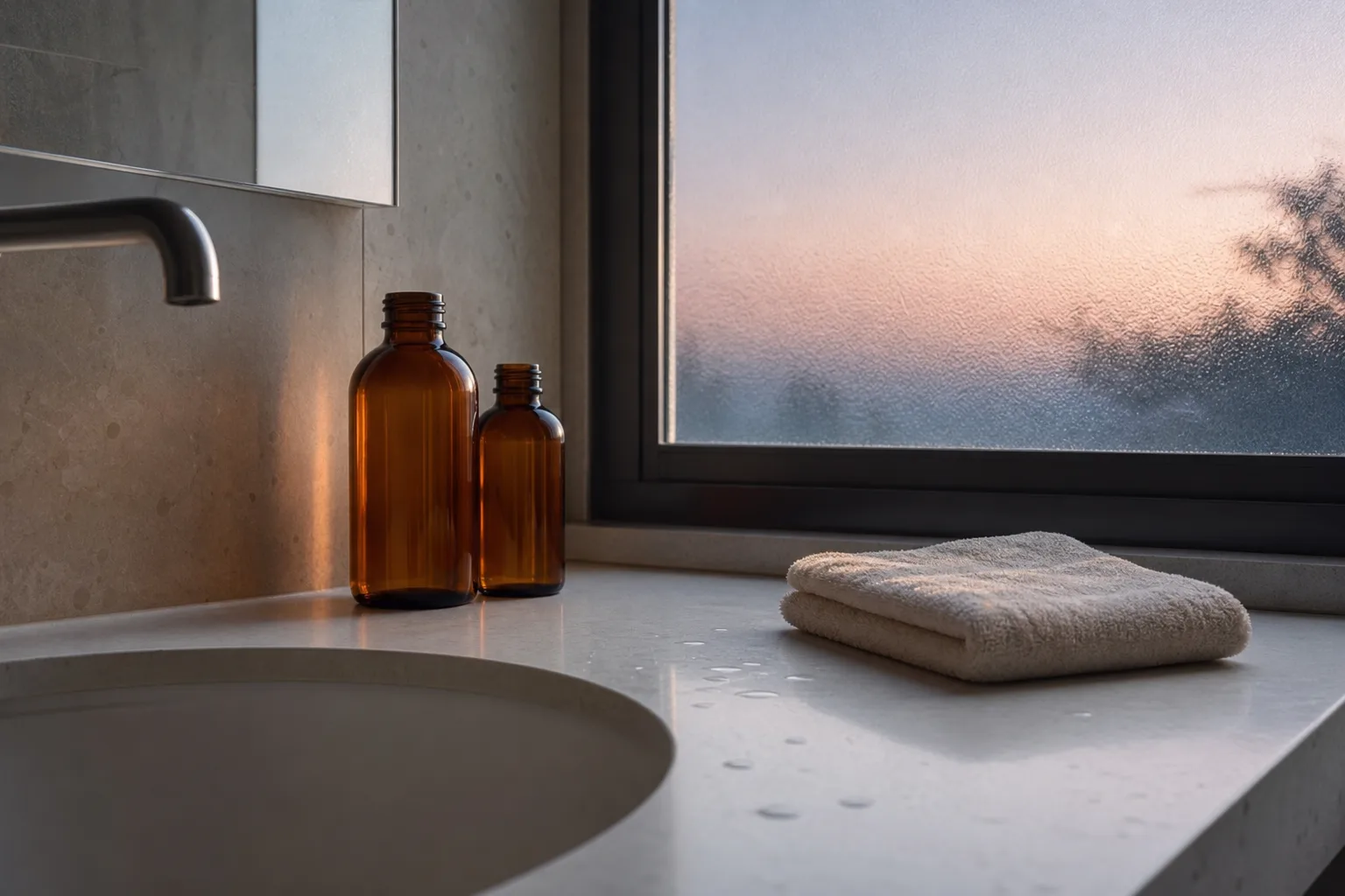 Lavabo au petit matin avec flacons en verre ambré
