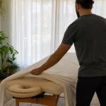 Masseur préparant sa table dans un petit cabinet