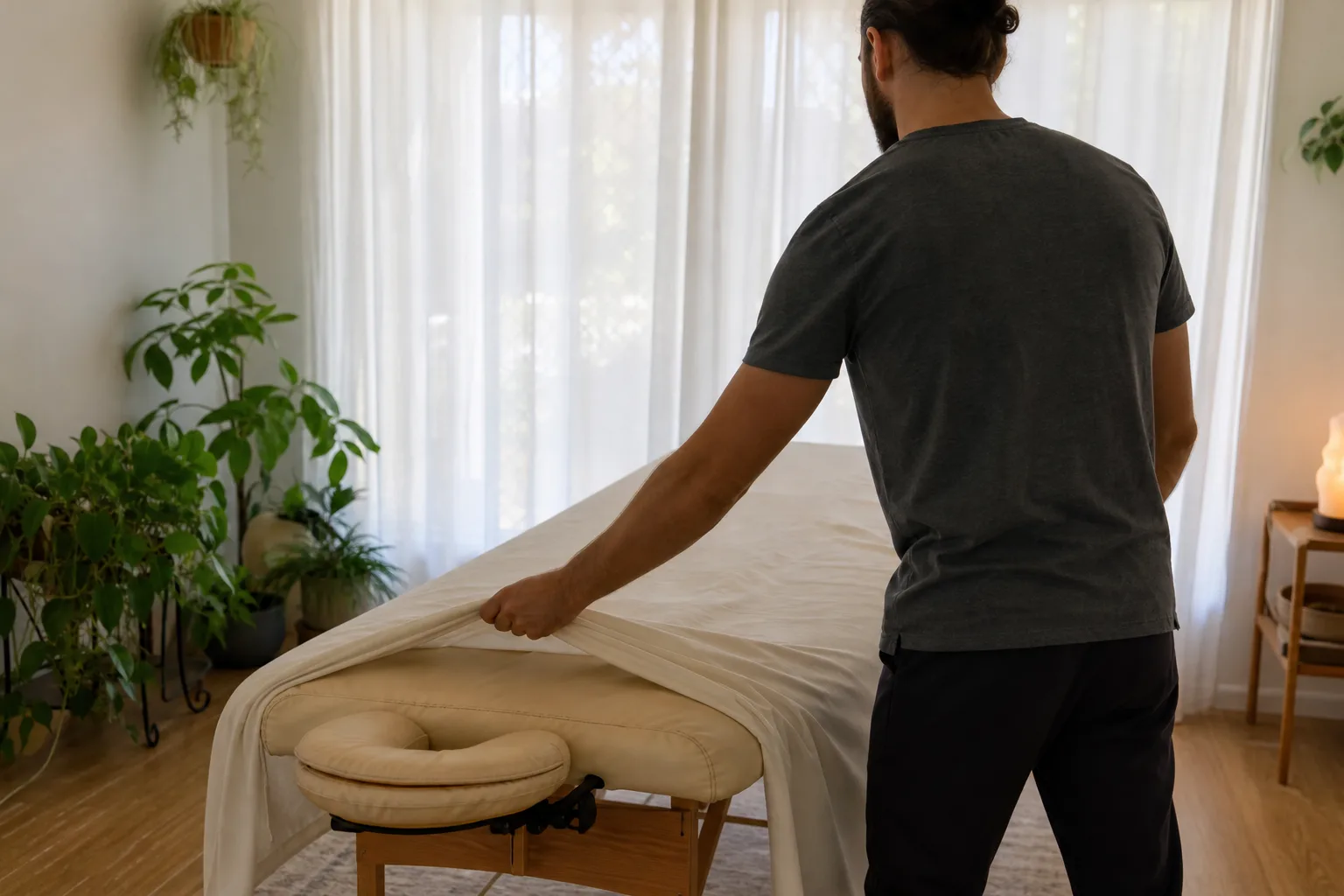 Masseur préparant sa table dans un petit cabinet