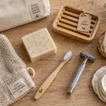 Salle de bain zéro déchet : shampoing solide sur table bois