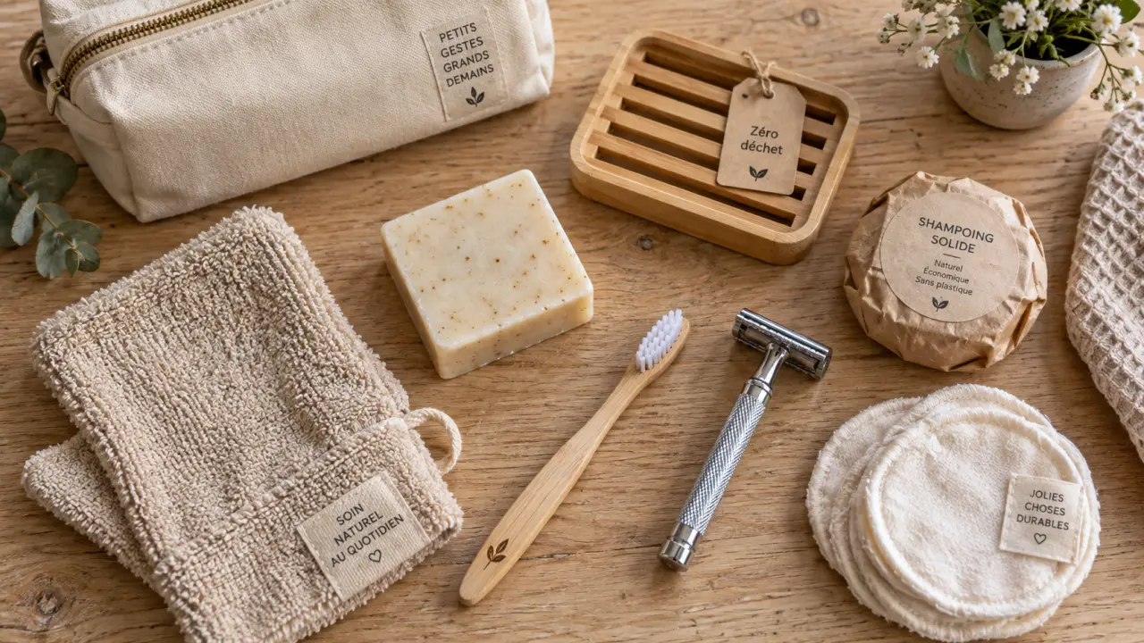 Salle de bain zéro déchet : shampoing solide sur table bois