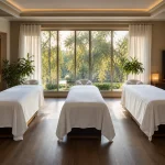 Salle de formation avec tables de massage préparées