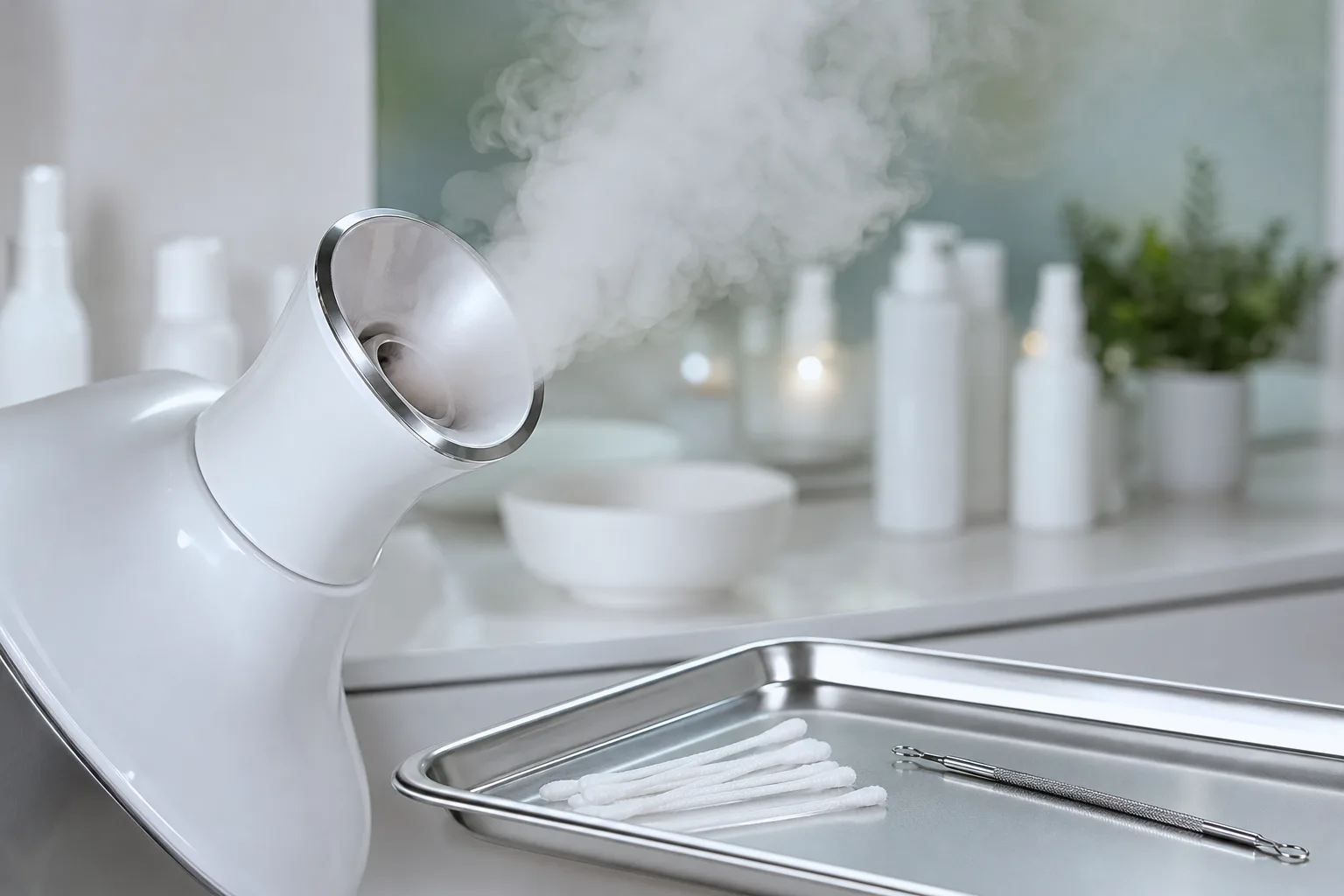 Vapeur faciale et instruments stériles en institut